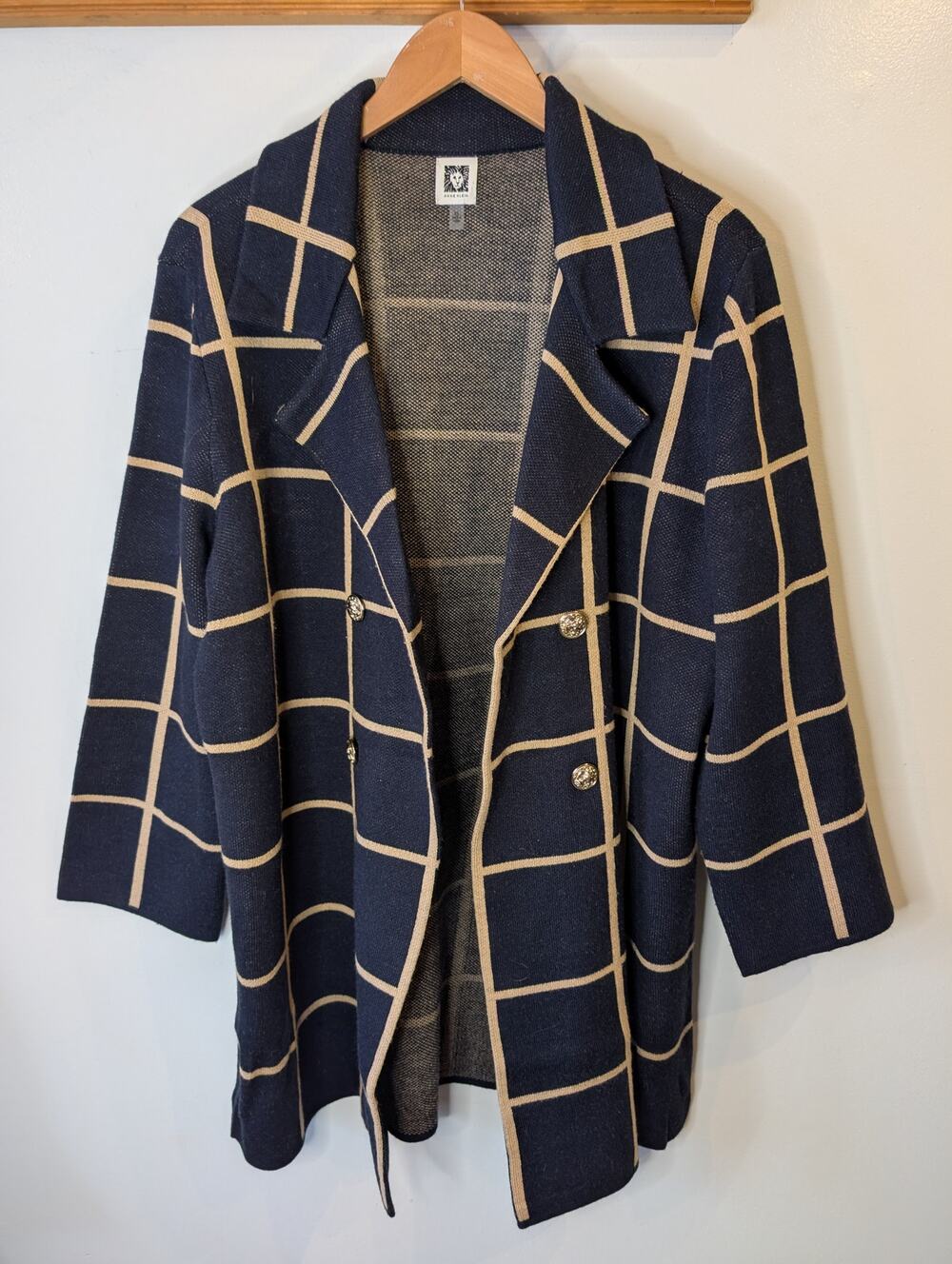 Anne Klein Black Tan Windowpane Plaid Knit Blazer Gold Lion Buttons XL